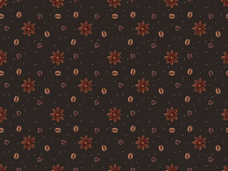 seamless pattern with coffee beans and anise stars isolated on brown