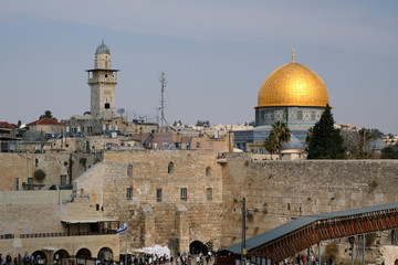 The wailing wall and Dome of the Rock mosque in Old City of Jerusalem.