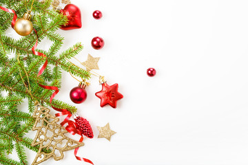 Fototapeta na wymiar Christmas holiday composition. Festive creative pattern, xmas red decor holiday ball with ribbon, snowflakes, christmas tree on white background.