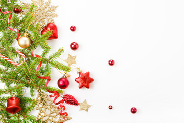 Christmas holiday composition. Festive creative pattern, xmas red decor holiday ball with ribbon, snowflakes, christmas tree on white background.