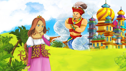 cartoon fairy tale scene with beautiful princess near big castle and flying giant sorcerer illustration for children