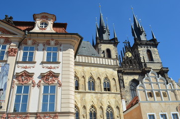 Fototapeta na wymiar Prague - Buildings on Old Town Square and Church of Our Lady Before Tyn