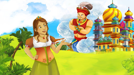 Fototapeta na wymiar cartoon fairy tale scene with beautiful princess near big castle and flying giant sorcerer illustration for children