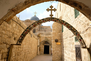 Fototapeta na wymiar Arch at Station 9 on Way of the Cross near Coptic Patriarchate in Old City of Jerusalem.