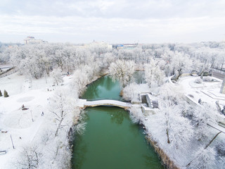 Aerial: Snow-covered public park in Kaliningrad, Russia
