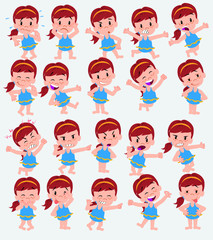 Cartoon character white girl in a swimsuit. Set with different postures, attitudes and poses, doing different activities in isolated vector illustrations.
