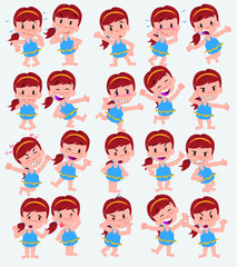 Cartoon character white girl in a swimsuit. Set with different postures, attitudes and poses, doing different activities in isolated vector illustrations.