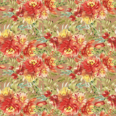 Seamless pattern with large watercolor flowers by red peonies. Elegant template for fashion prints.