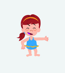 White girl in a swimsuit showing something in an optimistic and positive attitude.