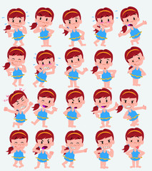 Cartoon character white girl in a swimsuit. Set with different postures, attitudes and poses, doing different activities in isolated vector illustrations.