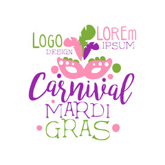 Colorful flat hand drawn Mardi Gras holiday logo original design with lettering and pink mask with feathers