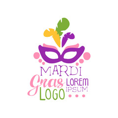 Flat illustration of purple mask with colorful feathers for Mardi Gras holiday logo. Fat Tuesday. Vector isolated on white