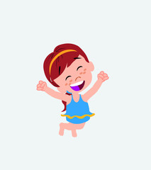 White girl in a swimsuit jumping for joy.