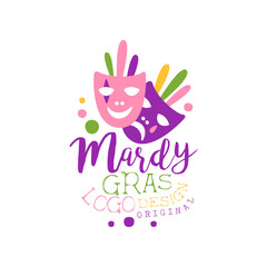 Flat style colorful logo template for Mardi Gras with hand drawn lettering and theater comedy and drama masks