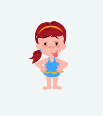 White girl in a swimsuit in waiting attitude with funny expression.