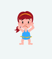 White girl in a swimsuit shrugged in fear.