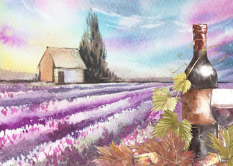 Bottles and leaves of grapes. Background with a lavender field. Watercolor illustration for postcards, scrabbuking. Hand drawn watercolor illustration. Banners of wine vintage background.