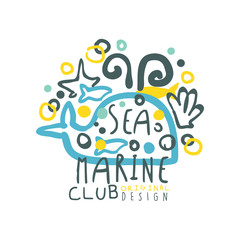 Abstract illustration with whale and decoration for sea club logo original design template. Kids style drawing. Hand drawn colorful vector isolated on white.
