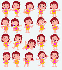 Cartoon character girl in a swimsuit. Set with different postures, attitudes and poses, always in positive attitude, doing different activities in vector vector illustrations.