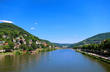 Obraz premium Panoramic view of Neckar river with the old bridge (Karl Theodor Bridge), on the background in Heidelberg, Germany, on a summer sunny day