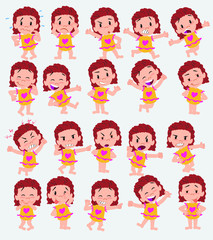 Cartoon character white girl in a swimsuit. Set with different postures, attitudes and poses, doing different activities in isolated vector illustrations.