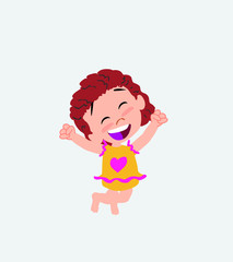 White girl in a swimsuit jumping for joy.