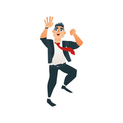 Fototapeta na wymiar Young man in office, corporate clothing jumping smiling. Successful besinessman in tuxedo red necktie, wearing wathes dancing. Vector cartoon isolated illustration on a white background.