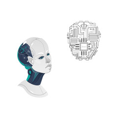vector cartoon male cyborg head and microchip icon. Man with modern technology digital mechanical brain, artificial intelligence. Isolated illustration on a white background.