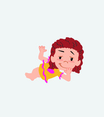 White girl in a swimsuit lying, greets with a dreamy expression.