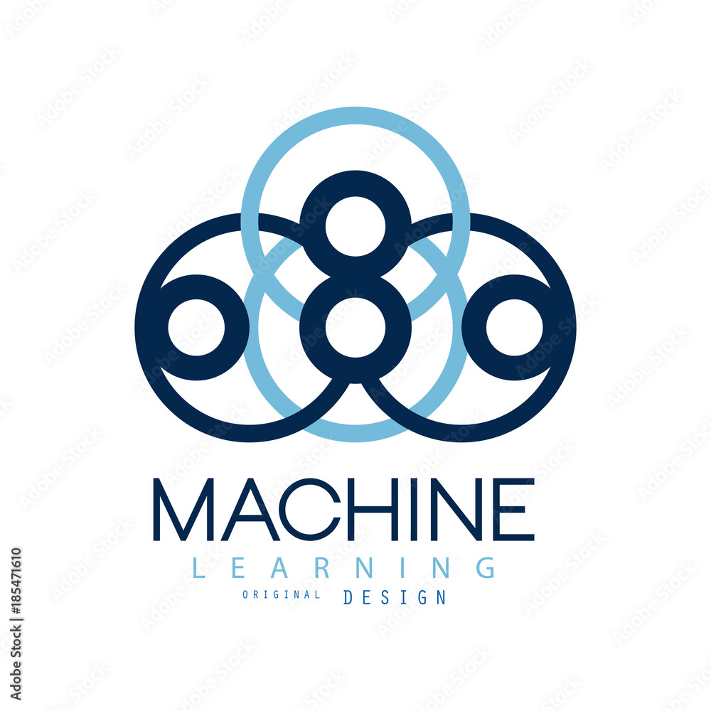 Poster symbol of machine learning. computers and artificial intelligence technologies. flat icon in blue co