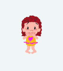 White girl in a swimsuit shrugged in fear.