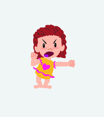 White girl in a swimsuit screams very angry.