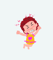 White girl in a swimsuit jumps angry.