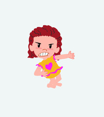 White girl in a swimsuit shows very angry something to his left.