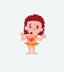 White girl in a swimsuit makes a gesture of tired resignation.