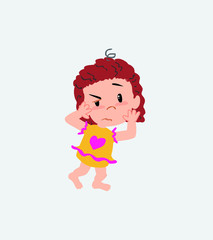 White girl in a swimsuit something sick and dizzy.