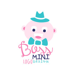 Cute illustration with hand drawn lettering and little elegant baby wearing hat and bow tie for mini boss logo. Flat vector isolated on white.