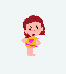 White girl in a swimsuit is slightly angry.