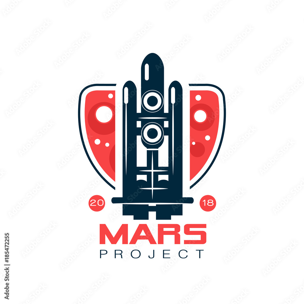 Poster logo for mars project with abstract image of flight rocket. space shuttle in line style with dark bl