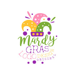 Hand drawn Mardi Gras holiday logo template with colorful fool s cap and lettering. Fat Tuesday, carnival. Flat vector isolated on white