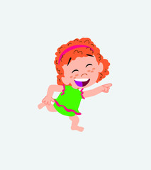 White girl in a swimsuit running smiling.