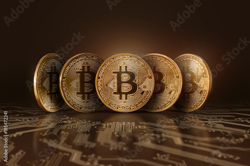 Five Real Bitcoins Coins On A Dark Background Lined Up On A Digital - 