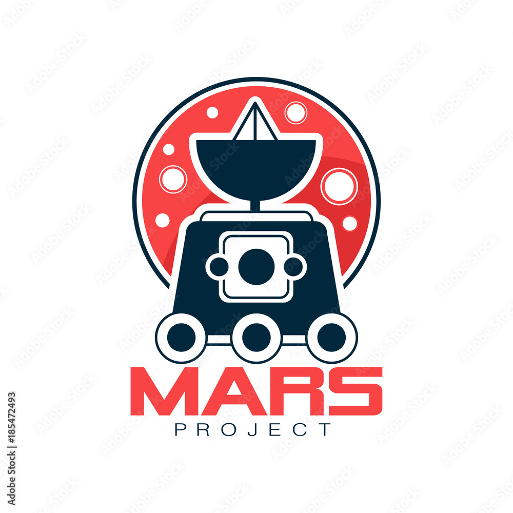 Poster vector logo of red planet and explorer rover with satellite and camera. space exploration and mars c