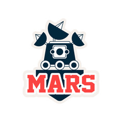 Logo of Mars exploration rover with satellites and camera. Space journey, astronomy science project. Stamp in outline style. Flat vector for badge, emblem, sticker or print