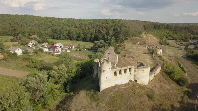 Aerial view to ancient castle in Sidorov, Ternopil region, Ukraine