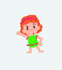 White girl in a swimsuit something angry shows something to his right.