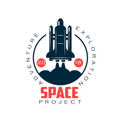 Logo of spacecraft launch. Space exploration and adventure. Rocket symbol. Abstract label in flat style. Vector element for badge, emblem or sticker