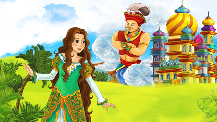 Obraz na płótnie Canvas cartoon fairy tale scene with beautiful princess near big castle and flying giant sorcerer illustration for children