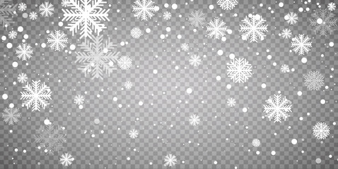 Obraz premium Pień wektor ilustracja spadający śnieg. Płatki śniegu, opady śniegu. Przezroczyste tło. Upadek śniegu.