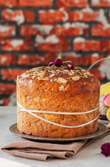 Easter orthodox sweet bread, cottage cheese kulich and colorful bunny and eggs cookies.